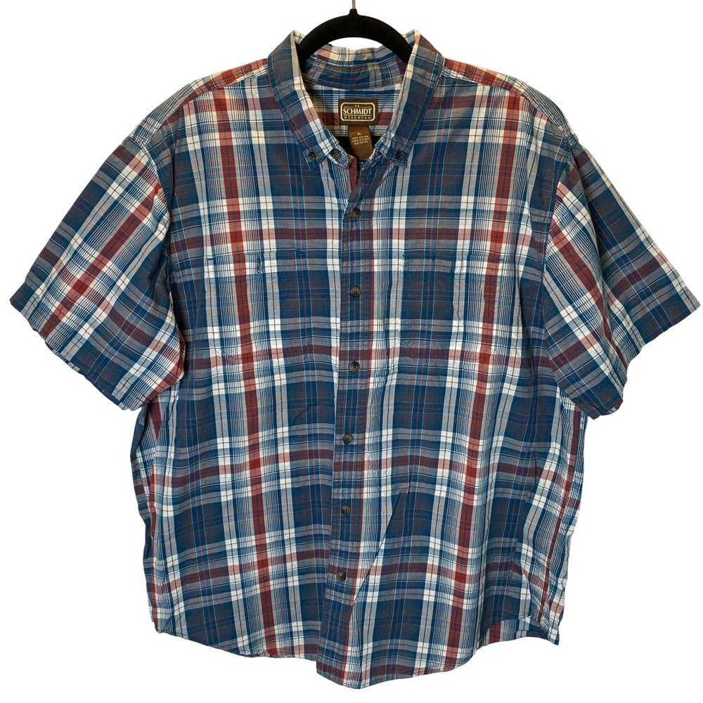 CE Schmidt Workwear Button Down Shirt Mens XL Blue Red Plaid Short Sleeve Cotton